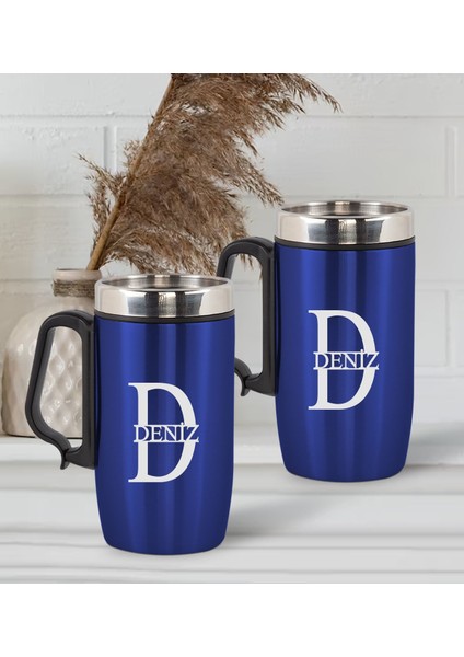 Gift Kişiye Özel Deri Çantalı Mavi Seyahat Termosu ve Ikili Termos Mug Hediye Seti - 3