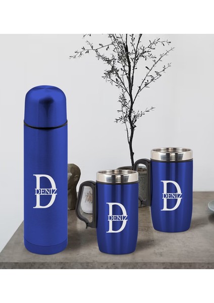 Gift Kişiye Özel Deri Çantalı Mavi Seyahat Termosu ve Ikili Termos Mug Hediye Seti - 3 fiyatları