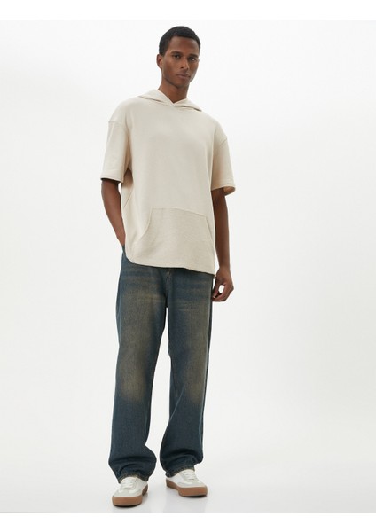 Kapşonlu Tişört Kısa Kollu Kanguru Cep Detaylı Düşük Omuzlu fiyatları