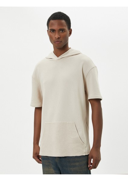 Kapşonlu Tişört Kısa Kollu Kanguru Cep Detaylı Düşük Omuzlu modelleri