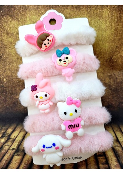 5 Li Peluş Lastik Toka Bağlama Tokası Hello Kitty Melodi