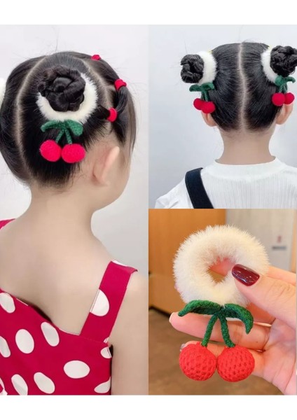 Örgü Kiraz Peluş Lastikli Saç Tokası, Çocuk Tokası, Okul Tokası