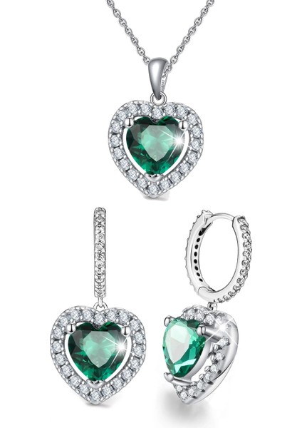 925 Ayar Gümüş Kalpli Zirkon Taşlı Sallantılı Kolye ve Küpe Seti