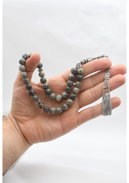 Gümüş 33'lük Doğal Gri Jasper Taşlı Tesbih 925 Ayar Gümüş Püsküllü 10MM Küre Kesim