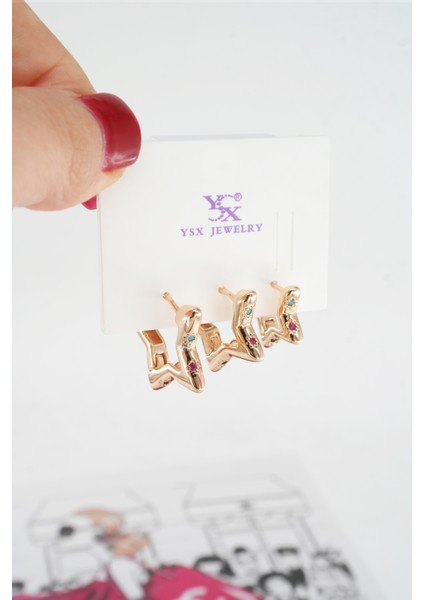 Kadın Vip Seri Baget Zirkon Taşlı 3'lü Küpe Seti