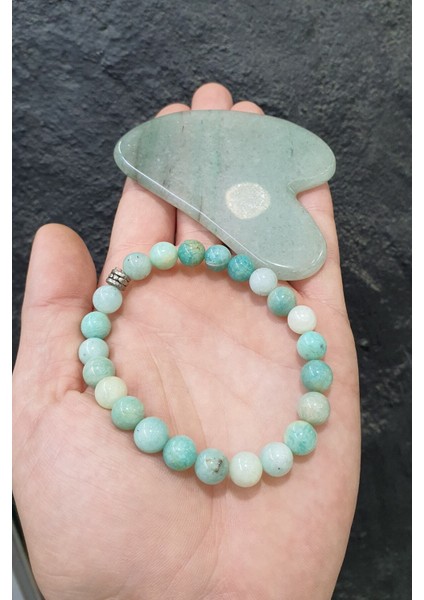 Amazonit Doğaltaş Bileklik ( Aventurin Gua Sha Hediyeli ) 8 mm