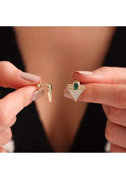 Altın Emerald Taşlı Üçgen Küpe Özel Tasarım