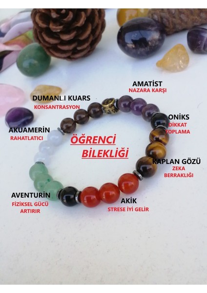 Doğal Taş Öğrenci Başarı Bilekliği-Oniks-Aventurin-Kuvars-Akuamerin-K.gözü-Amatist-Akik Taşı