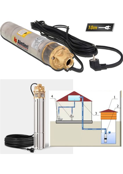 4SKM150 4'' Tek Kademeli Dalgıç Pompa 10 Metre Kablo ve Pano 1 Hp 100 Mt. Emiş