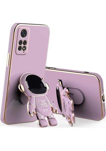 Xiaomi Redmi Note 11 - Note 11S Uyumlu Kılıf Astronot Standlı Ayıcık Parlak Altın Gold Kenarlı
