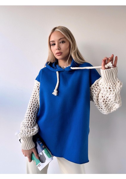 Pikka Online Kadın Kolları Triko Oversize Curve Tasarım Saks Sweatshirt