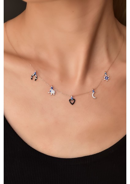 925 Ayar Gümüş Rose Kaplama Lacivert Mineli Gözlü Şans Kolye