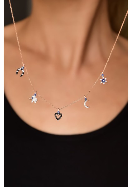 925 Ayar Gümüş Rose Kaplama Lacivert Mineli Gözlü Şans Kolye indirimleri