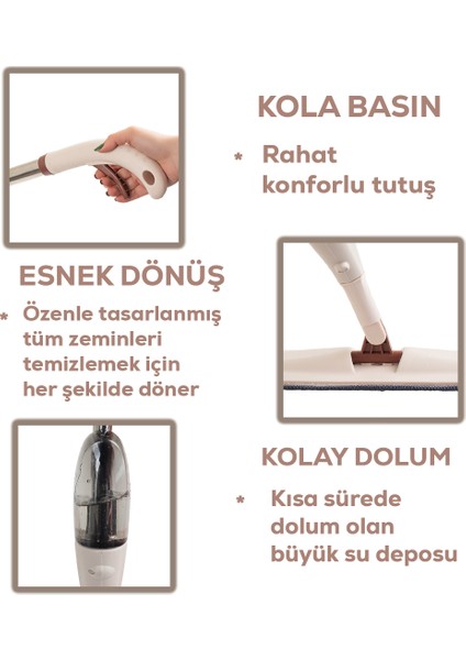 13279 Deterjan Hazneli 360 Derece Dönebilen Sprey Mop Yedek Bezli Temizlik Paspası Krem