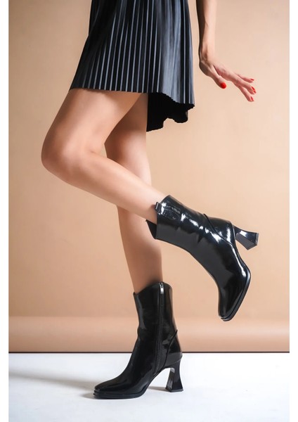 Ortapedik Taban Kadın Siyah Rugan Diz Altı Çekme Kovboy Çizme