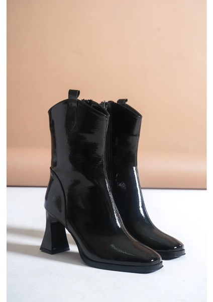 Ortapedik Taban Kadın Siyah Rugan Diz Altı Çekme Kovboy Çizme fırsatları