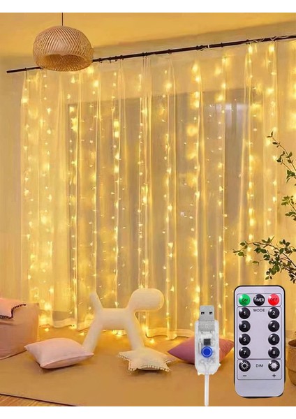 Perde LED 10 Sarkıtlı USB Li 3 Metre Kumandalı 8 Modlu (3 mt x 3 mt ) Peri LED