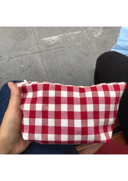 Kırmızı Pötikareli Yıkanabilir Fermuarlı Tek Gözlü Bez Kalemlik Kalem Kutusu Cüzdan Makyaj Çantası