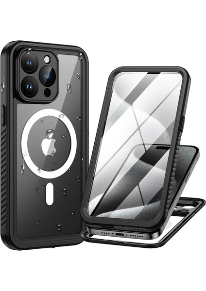 Apple Iphone 15 Pro Max Kılıf 360 Derece Su Geçirmez Telefon Kılıfı Toz Geçirmez Zırh Tank Kapak Case Military Waterproof Magsafe Destekli Arkası Şeffaf Armour Ip-68
