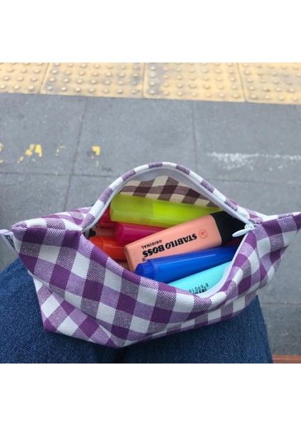 Mor Pötikareli Yıkanabilir Fermuarlı Tek Gözlü Bez Kalemlik Kalem Kutusu Cüzdan Makyaj Çantası fiyatları