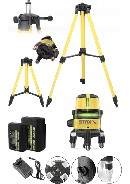 Staxx Power 2 Çizgili Yatay ve Dikey Yeşil Lazer Ölçüm Hizalama 30M Mesafe X2AD  Bataryalı  Seviye Ölçme +Tripod