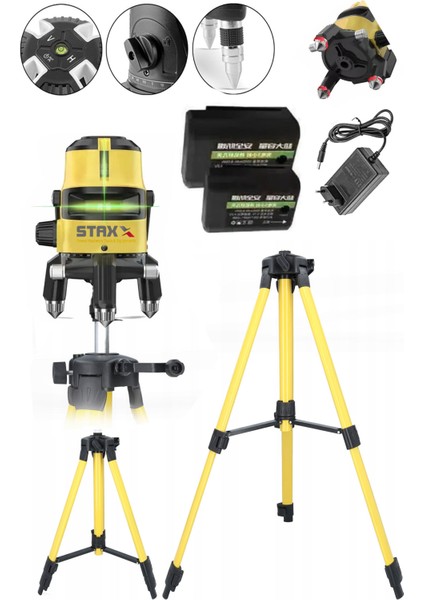 Staxx Power 2 Çizgili Yatay ve Dikey Yeşil Lazer Ölçüm Hizalama 30M Mesafe X2AD  Bataryalı  Seviye Ölçme +Tripod