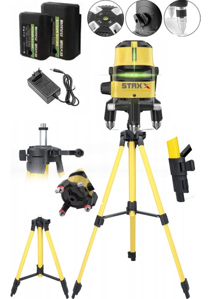 Staxx Power 2 Çizgili Yatay ve Dikey Yeşil Lazer Ölçüm Hizalama 30M Mesafe X2AD  Bataryalı  Seviye Ölçme +Tripod