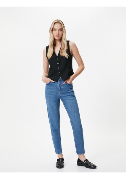 Yüksek Bel Slim Fit Kot Pantolon Rahat Kesim Dar Crop Paça Pamuklu - Mom Jean