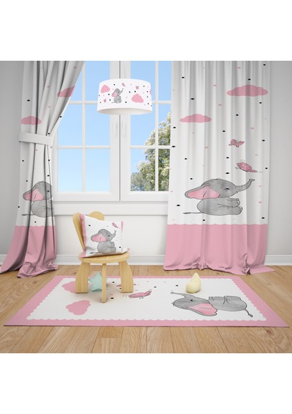 Kelebekli Fil Desenli Çocuk V Bebek Odası Fon Perdesi 2 Kanat TLA-218