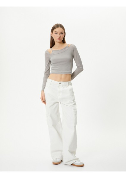 Omzu Açık Crop Tişört Çift Asimetrik Yaka Uzun Kollu Slim Fit