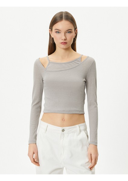 Omzu Açık Crop Tişört Çift Asimetrik Yaka Uzun Kollu Slim Fit