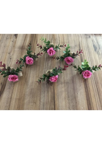 Jüt Kurdele Üzerine Pembe Gül Peçete Halkası (6 Adet)