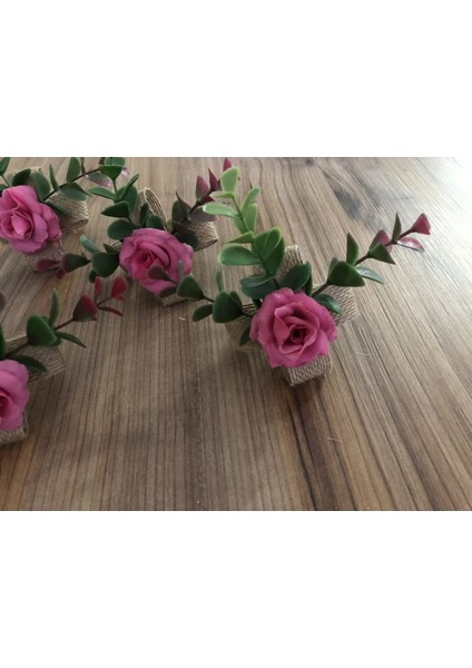 Jüt Kurdele Üzerine Pembe Gül Peçete Halkası (6 Adet)
