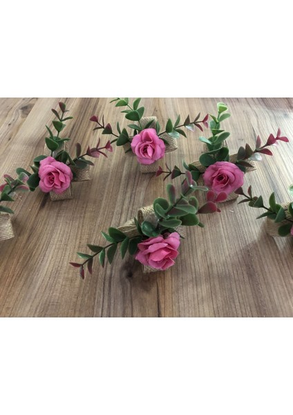 Jüt Kurdele Üzerine Pembe Gül Peçete Halkası (6 Adet)