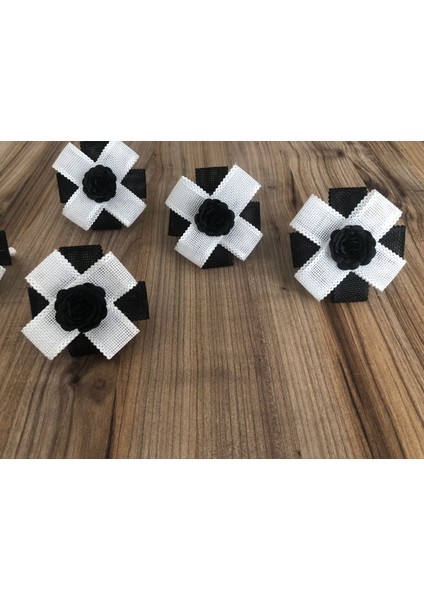 Siyah Beyaz Kurdele Detaylı Peçete Halkası (6 Adet)