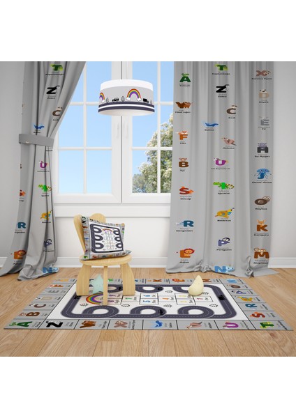 Alfabetik Hayvanlar Çocuk ve Bebek Odası Fon Perdesi 2 Kanat TLA-202