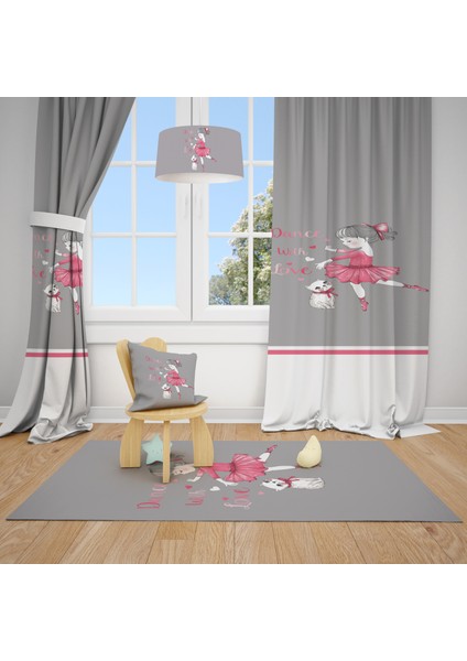Balerin Kız ve Kedi Desenli Çocuk ve Bebek Odası Fon Perdesi 2 Kanat TLA-217