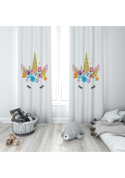 Unicornlu Kız Çocuk ve Bebek Odası Fon Perdesi 2 Kanat TLA-241