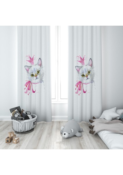 Kedi Desenli Çocuk ve Bebek Odası Fon Perdesi 2 Kanat TLA-234