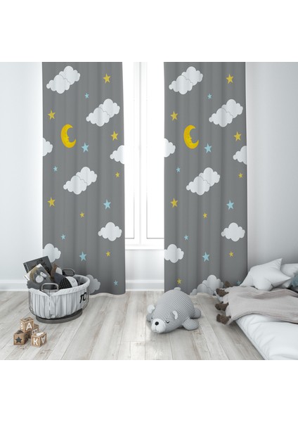 Gri Gökyüzü Desenli Çocuk ve Bebek Odası Fon Perdesi 2 Kanat TLA-294