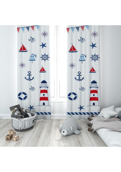 Karışık Denizci Desenli Çocuk ve Bebek Odası Fon Perdesi 2 Kanat TLA-291