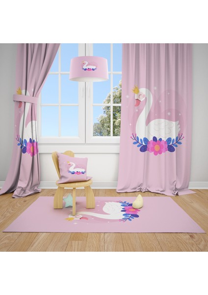 Pembe Kuğu Desenli Çocuk ve Bebek Odası Fon Perdesi 2 Kanat TLA-224