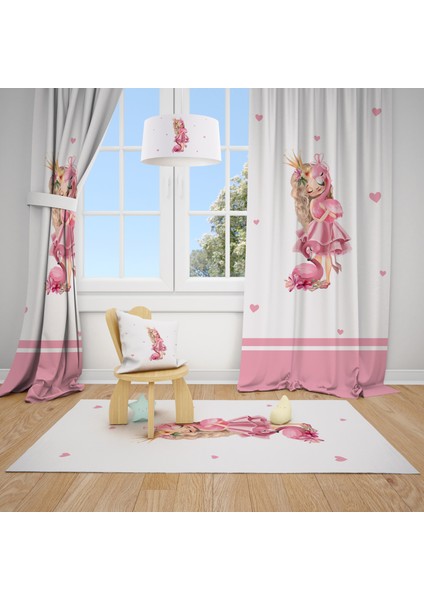 Prenses ve Flamingo Desenli Çocuk ve Bebek Odası Fon Perdesi 2 Kanat TLA-230