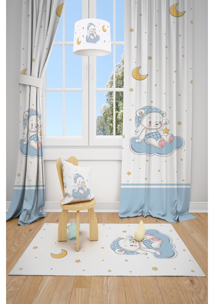 Bulut ve Ayıcık Desenli Çocuk Odası Fon Perdesi 2 Kanat TLA-171