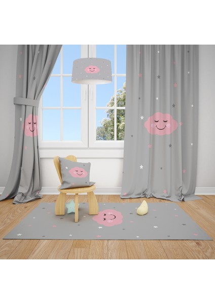 Gülücüklü Bulut Desenli Çocuk ve Bebek Odası Fon Perdesi 2 Kanat TLA-279