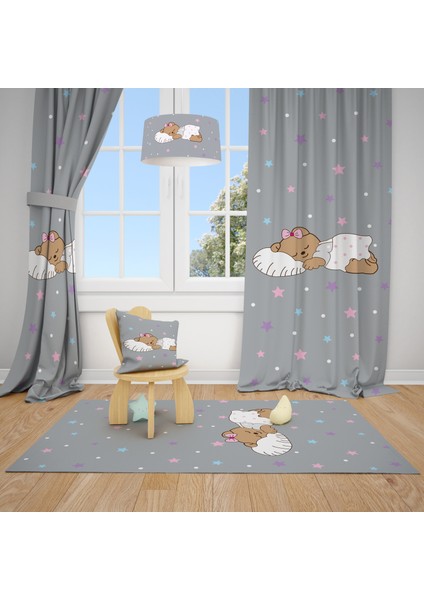 Yıldızlı Sevimli Ayıcık Desenli Çocuk ve Bebek Odası Fon Perdesi 2 Kanat TLA-243