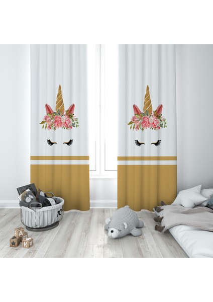 Unicorn Desenli Çocuk ve Bebek Odası Fon Perdesi 2 Kanat TLA-262