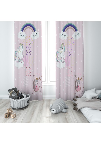 Unicorn'lu Prenses'li Desenli Çocuk ve Bebek Odası Fon Perdesi 2 Kanat TLA-281