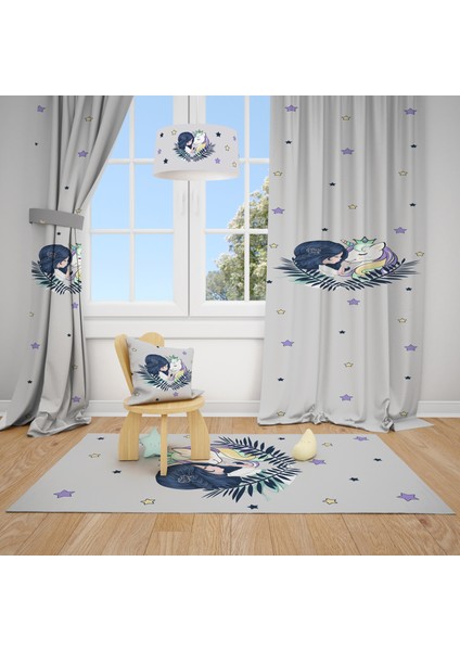 Gri Unicorn Desenli Çocuk ve Bebek Odası Fon Perdesi 2 Kanat TLA-203