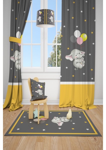 Balonlu Fil Desenli Çocuk Odası Fon Perdesi 2 Kanat TLA-187